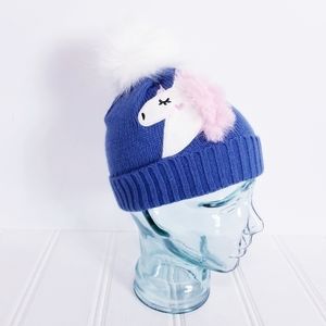 Emma & Elsa Girls Unicorn Beanie Blue Pom Pom Knit Hat 4–6X